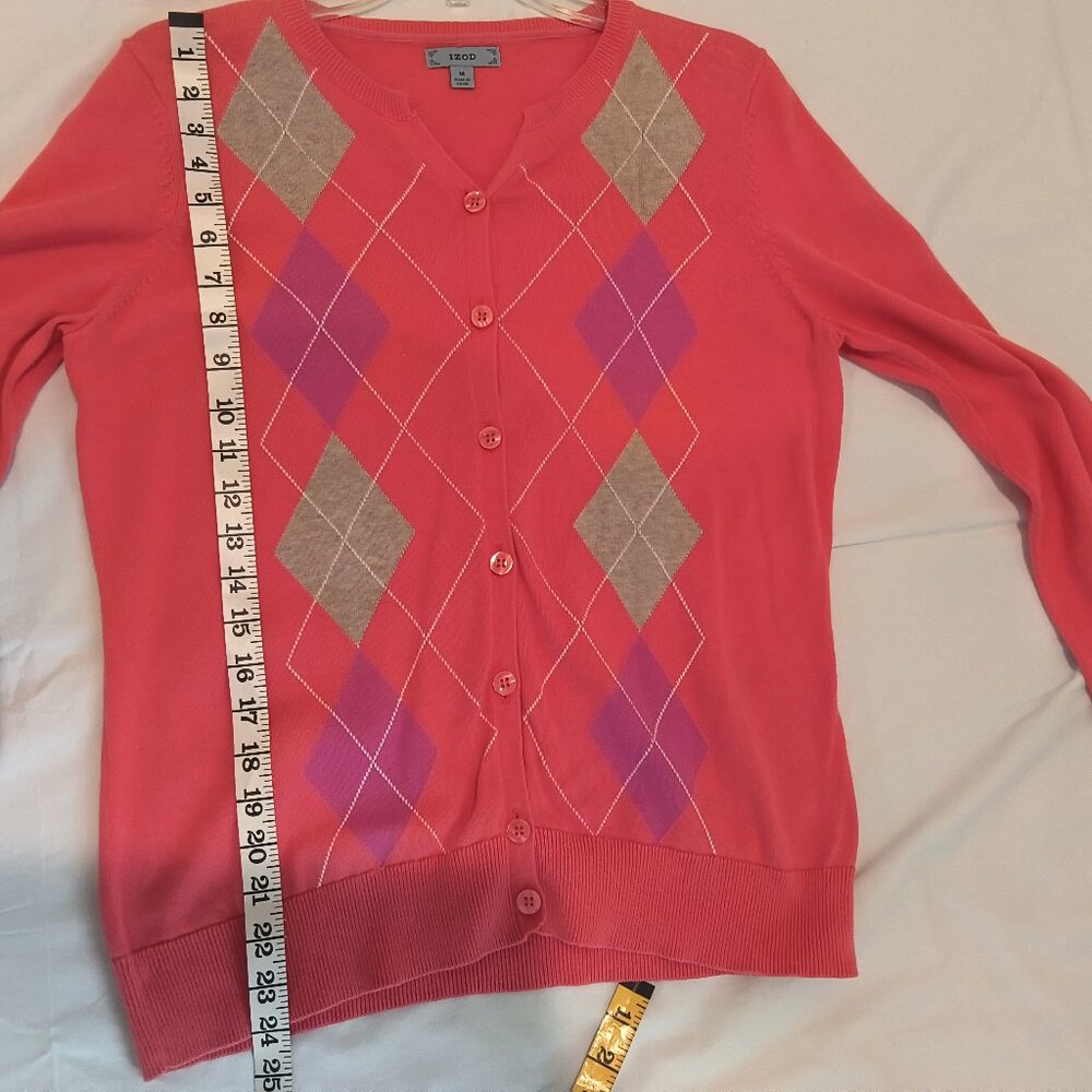 Izod  Long Sleeve  Button Down Pink Sweater  Diamond Pattern  100% Cotton Size M - Picture 6 of 7